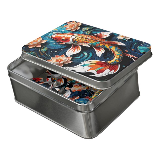 Vibrant Koi and Beautiful Flowers Aquatic Scene Jigsaw Puzzle (Lid Open)
