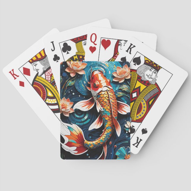 Vibrant Koi and Beautiful Flowers Aquatic Scene Poker Cards (Back)