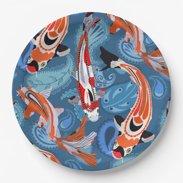 Vibrant Koi Fish Among Paisley Pattern Paper Plates (Front)