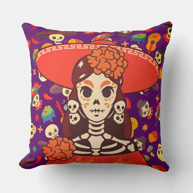 Vibrant La Catrina Throw Pillow (Front)