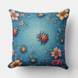 Vibrant Ladybugs and Blossoms Pattern Throw Pillow