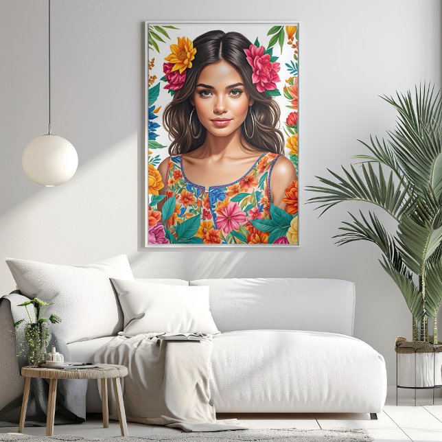 Vibrant Latino American Girl Watercolor Portrait Poster (Vibrant Latino American Girl Watercolor Portrait Poster Mockup 1)