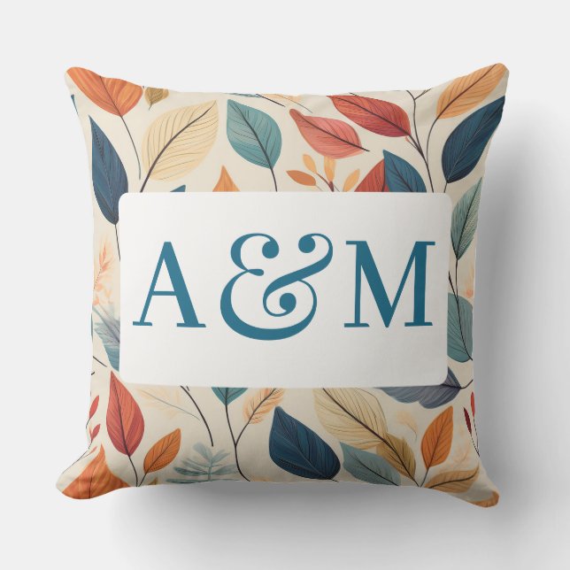 Vibrant Leaf Pattern with Dual Monogram Outdoor Pillow (Front)