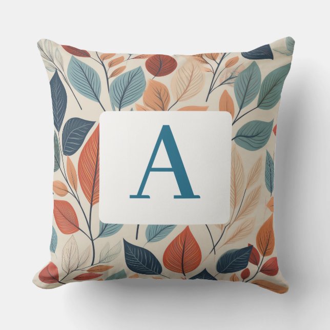 Vibrant Leaf Pattern with  Monogram Outdoor Pillow (Front)