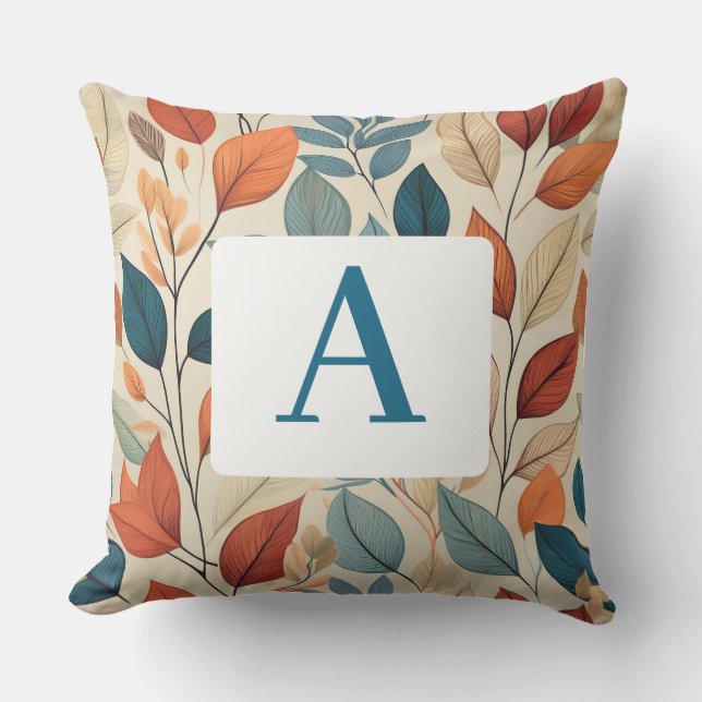 Vibrant Leaf Pattern with  Monogram Outdoor Pillow (Front)
