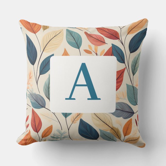 Vibrant Leaf Pattern with  Monogram Outdoor Pillow (Front)