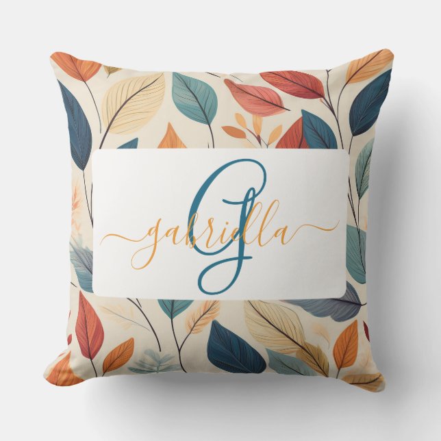 Vibrant Leaf Pattern with Name & Monogram Outdoor Pillow (Front)