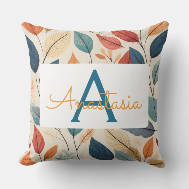 Vibrant Leaf Pattern with Name & Monogram Outdoor Pillow (Front)