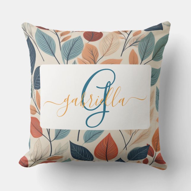 Vibrant Leaf Pattern with Name & Monogram Outdoor Pillow (Front)