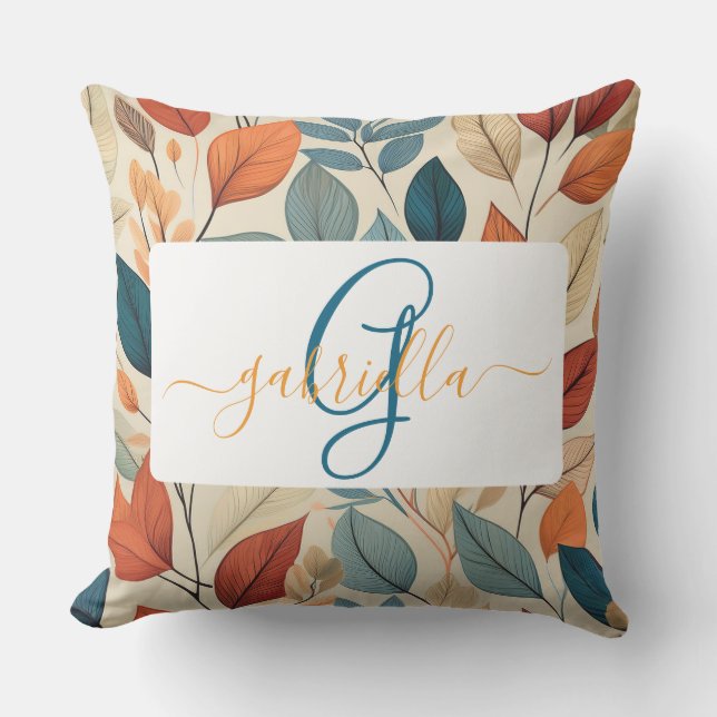 Vibrant Leaf Pattern with Name & Monogram Outdoor Pillow (Front)
