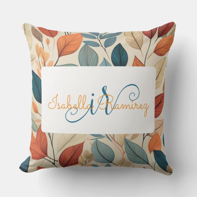 Vibrant Leaf Pattern with Name & Monogram Outdoor Pillow (Front)