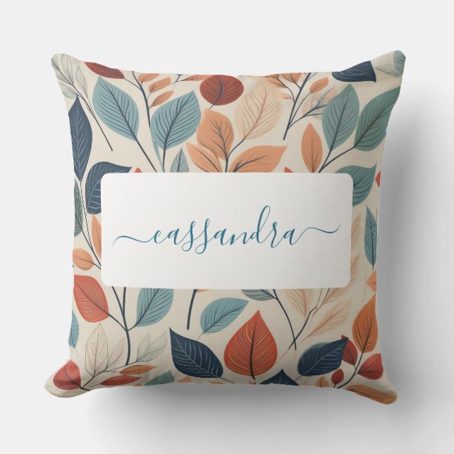 Vibrant Leaf Pattern with Name Outdoor Pillow (Front)
