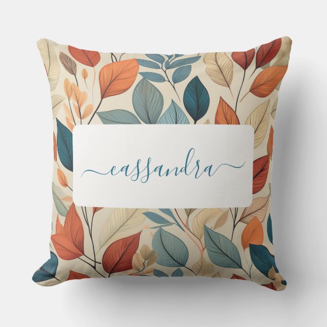 Vibrant Leaf Pattern with Name Outdoor Pillow (Front)