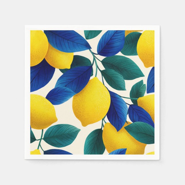 Vibrant Lemon & Blue Leaves Watercolor Pattern Napkins (Front)