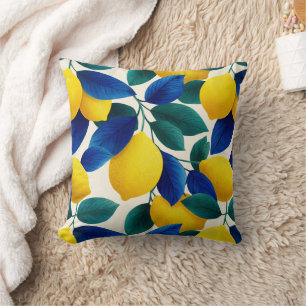 Vibrant Lemon & Blue Leaves Watercolor Pattern Throw Pillow