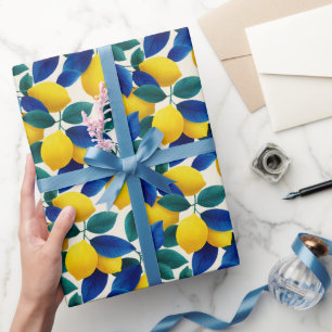 Vibrant Lemon & Blue Leaves Watercolor Pattern Wrapping Paper