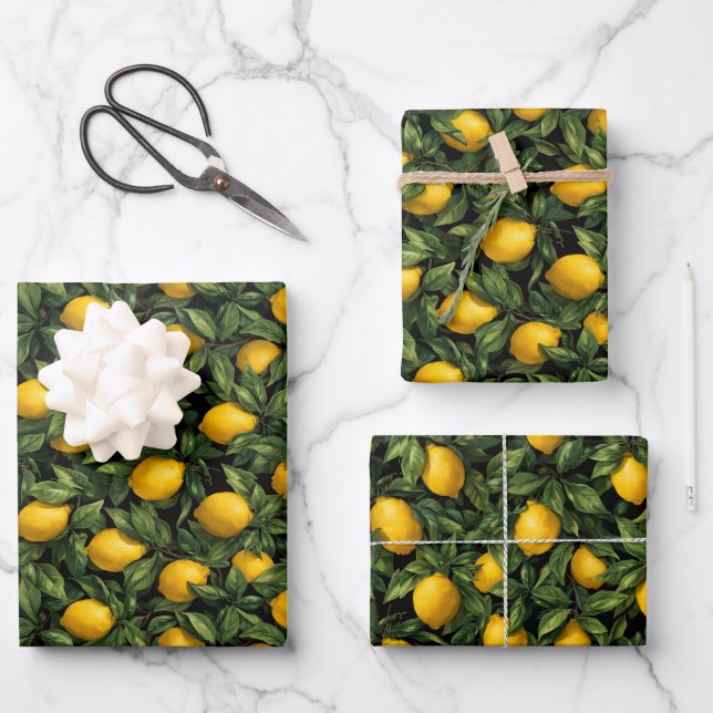 Vibrant Lemon Citrus Tree Pattern Wrapping Paper Sheets (Front)