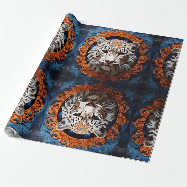 Vibrant Leopard with Floral Motifs Wrapping Paper (Unrolled)