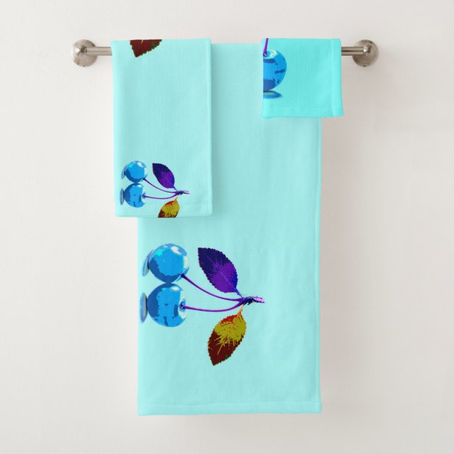 Vibrant light blue cherries   bath towel set (Insitu)