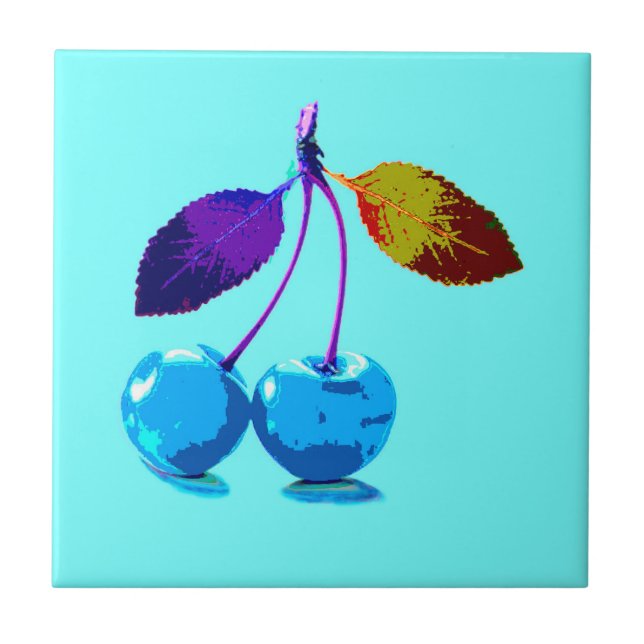 Vibrant light blue cherries  ceramic tile (Front)