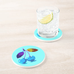 Vibrant light blue cherries coaster