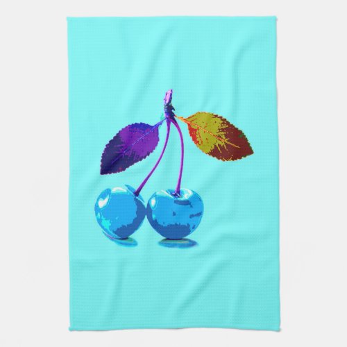 Vibrant light blue cherries   kitchen towel