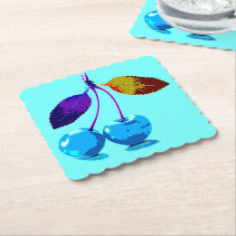 Vibrant light blue cherries paper coaster