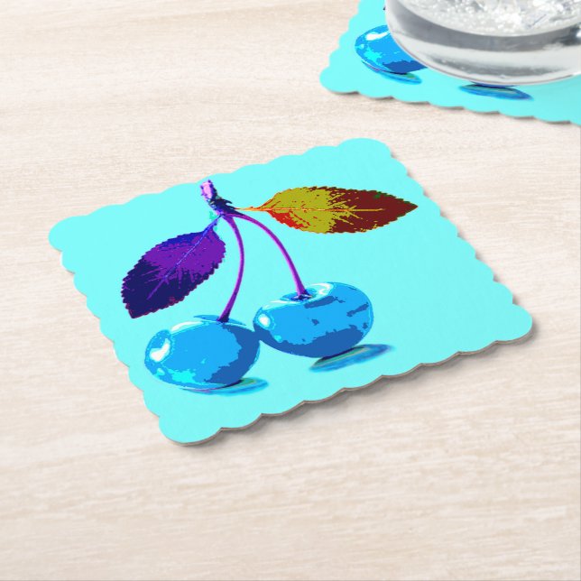 Vibrant light blue cherries  paper coaster (Angled)