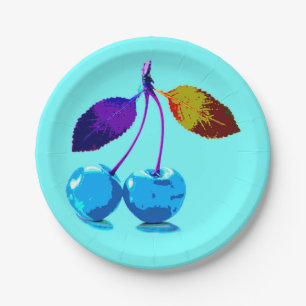 Vibrant light blue cherries paper plates