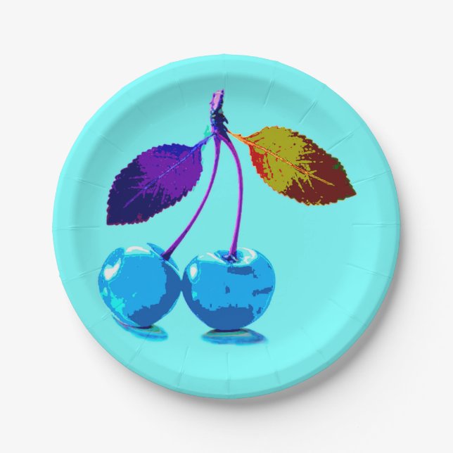 Vibrant light blue cherries   paper plates (Front)