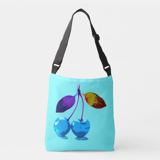 Vibrant light blue cherries pop art   crossbody bag (Front)