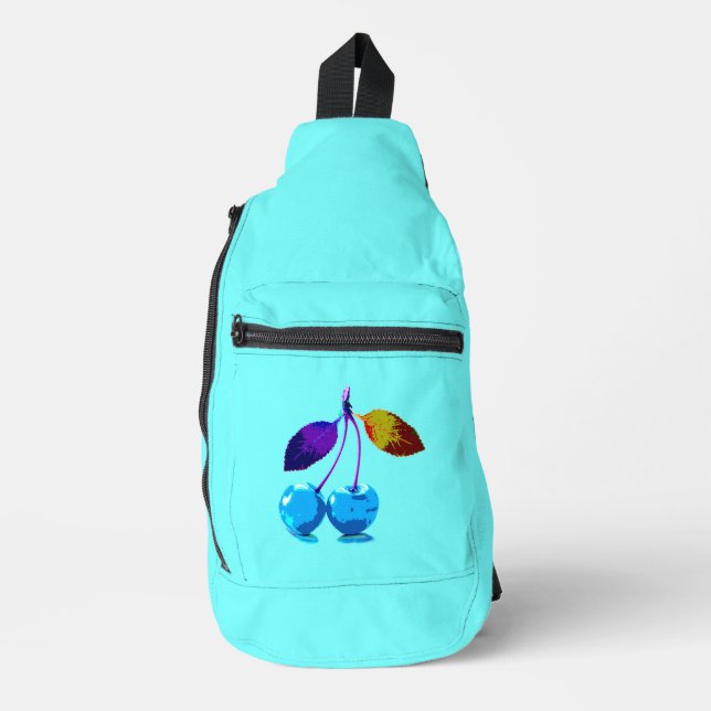 Vibrant Light Blue Cherries Pop Art Modern Sling Bag (Front)