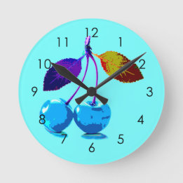 Vibrant light blue cherries round clock