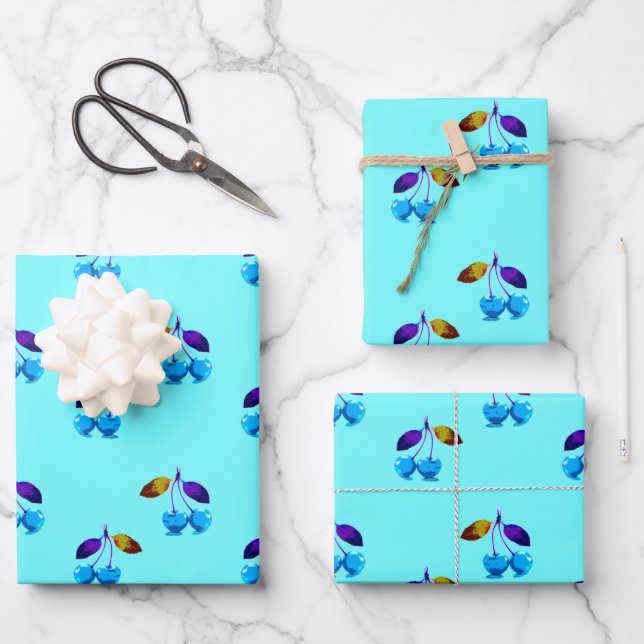 Vibrant light blue cherries   wrapping paper sheets (Front)