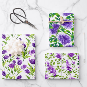 Vibrant Lilac and Purple Floral Wrapping Paper Sheets