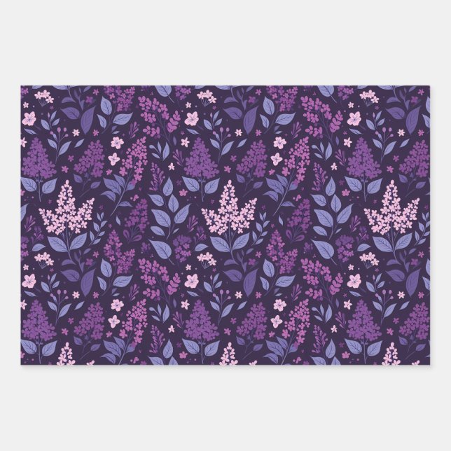 Vibrant Lilac Floral Pattern Wrapping Paper Sheets (Front)