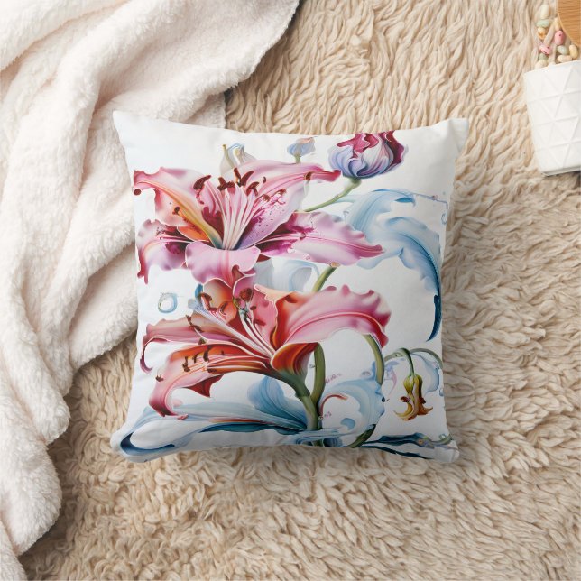 Vibrant Lilies in Bloom Against White Background Throw Pillow (Blanket)