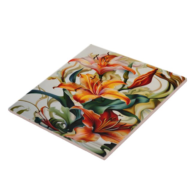 Vibrant Lilies in Colorful Abstract Design Ceramic Tile (Side)