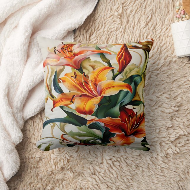 Vibrant Lilies in Colorful Abstract Design Throw Pillow (Blanket)