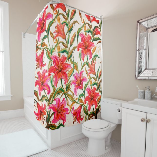 "Vibrant Lily Bloom: Impasto Floral Pattern" Shower Curtain (In Situ)