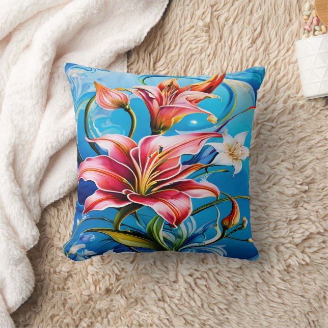 Vibrant Lily Blooms Against Blue Backdrop Throw Pillow (Blanket)