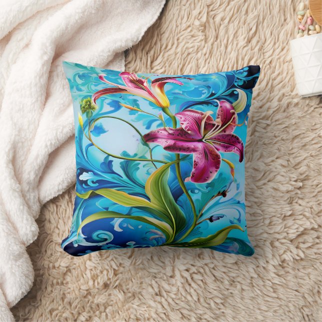 Vibrant Lily Blooms Against Blue Swirls Throw Pillow (Blanket)