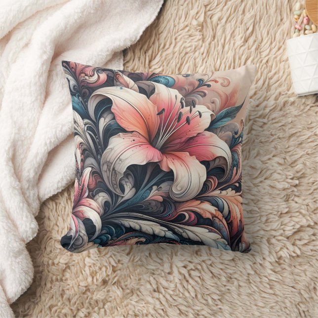 Vibrant Lily Blossoms With Intricate Swirls Throw Pillow (Blanket)