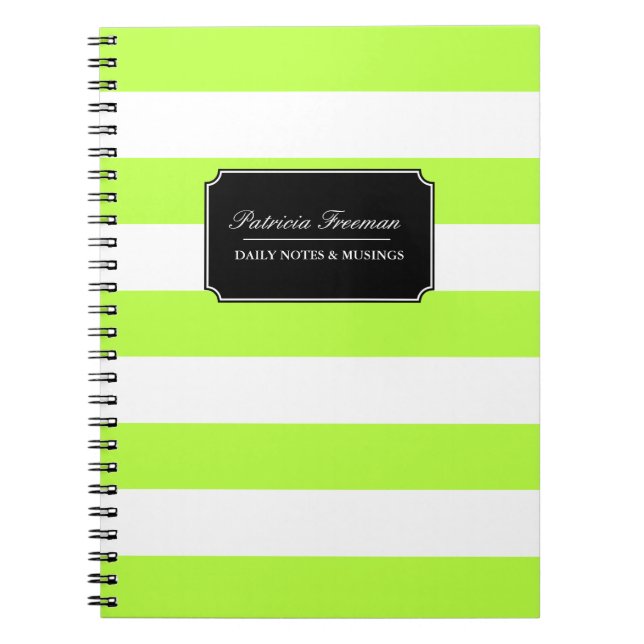 Vibrant Lime Green and White Stripes Custom Name Notebook (Front)