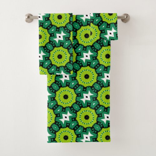 Vibrant Lime Green Black  White Geometric Pattern Bath Towel Set