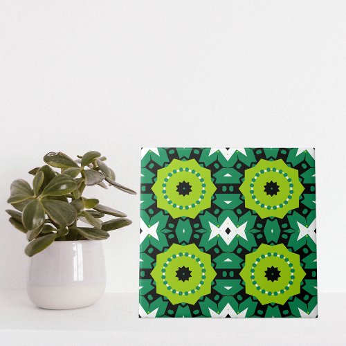 Vibrant Lime Green Black  White Geometric Pattern Ceramic Tile