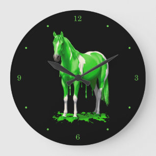 Vibrant Lime Green Dripping Wet Paint Horse Large Clock