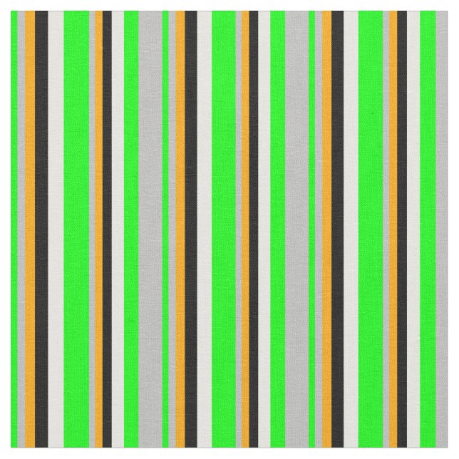 Vibrant  Lime, Grey, Orange, Black & White Lines Fabric (Close Up)