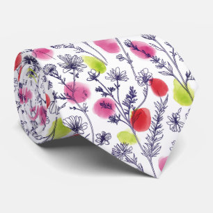 Vibrant Line Art Botanical and Watercolor Pop Neck Tie