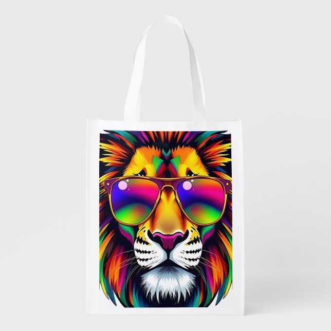 Vibrant Lion Head Tote with Rainbow Shades (Front)